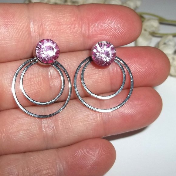 Silver and Pink Post Earring Jacket Sparkly Rhinestone Stud Funky Set Pair C171 - Picture 1 of 5